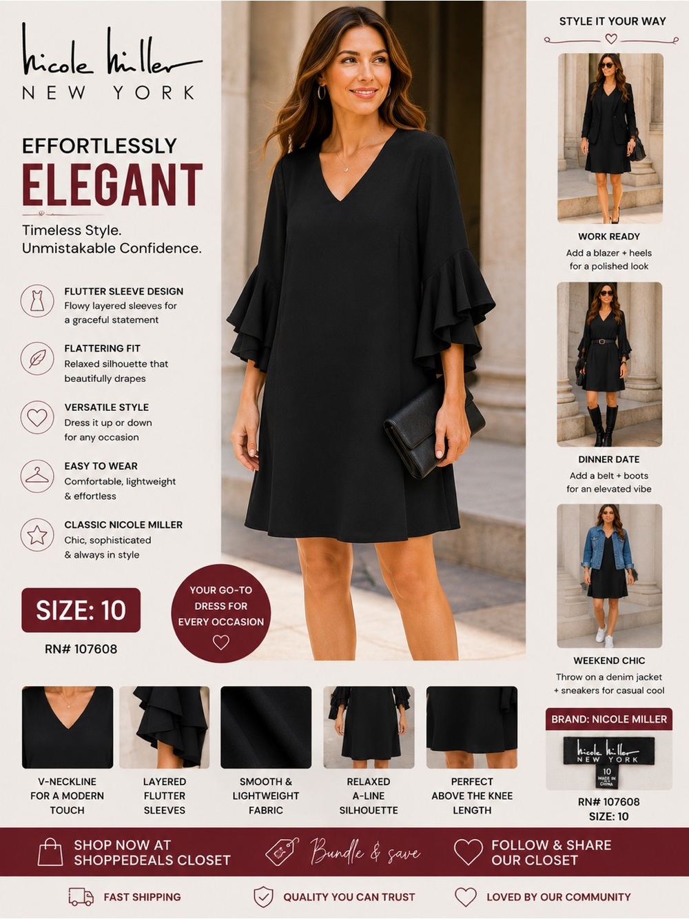 Nicole Miller New York Black Bell Sleeve Shift Dress | Size 10